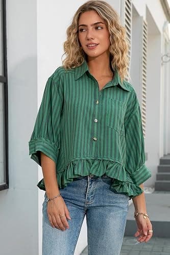 CHYRII Womens Summer Tops Dressy Casual Blouse Top Ruffled Short Sleeve Button Down Striped Shirt thumbnail 3