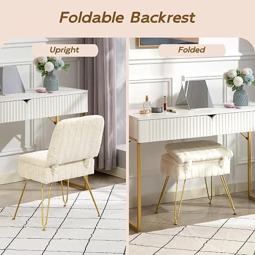 Manyday Vanity Chair with Storage, Comfy Ottoman with Folding Back, Faux Fur Vanity Stool with 4 Metal Legs for Make Up, Furry Padded Seat with Anti-Slip Feet for Bedroom Dressing Room thumbnail 7