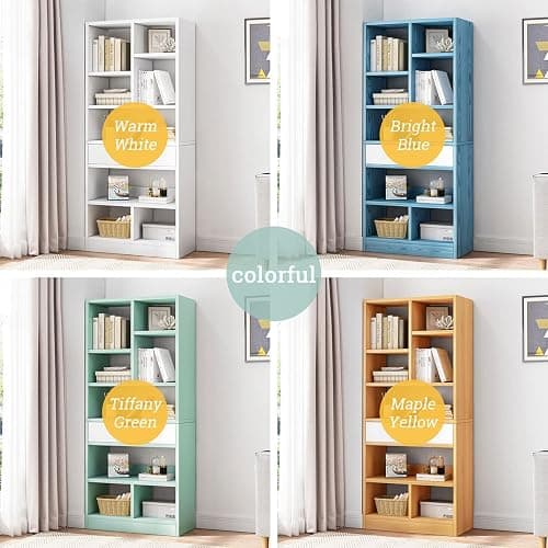 IOTXY Wooden Open Shelf Bookcase - 61" Height Free Standing Display Storage Cabinet Organizer with 8 Cubes and a Drawer, Floorstanding Bookshelf, Warm White thumbnail 4
