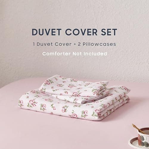 Wake In Cloud - Coquette Duvet Cover Set, Floral Cottagecore Flower Shabby Chic Cute Aesthetic, Soft Lightweight Bedding for Women Teen Girls, 3-Piece, Pink, Full Size thumbnail 3