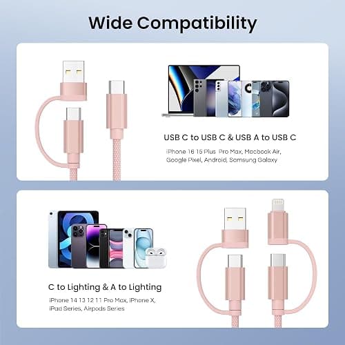 Basesailor for MacBook Pro 4 in 1 USB C Cable 6.6ft,60W Fast Charging Multi Charger Cord with USBA Adapter/iOS/TypeC for MacBook 2024 2023 2022 Air M4 M3 M2,Samsung A55,Z Flip Fold,iPhone 17 16 15 Max thumbnail 7
