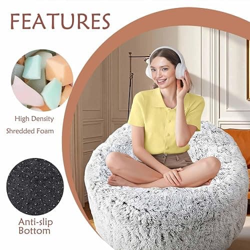 Plush Faux Fur Bean Bag Chairs, Memory Foam Filled Sofa Chair Shape Bean Bag for Adults/Teens/Kids, Ultra-Soft Lazy Sofa for Living Room Bedroom College Dorm, Grey thumbnail 6