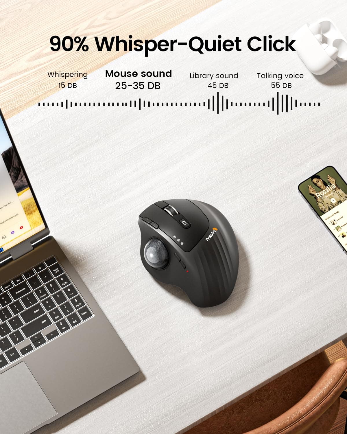ProtoArc Wireless Trackball Mouse, EM01 NL Ergonomic Bluetooth Rollerball Thumb Rechargeable Computer Laptop Mouse, Adjustable Angle & 3 Device Connection for PC, Mac, Windows-Gray Ball thumbnail 7