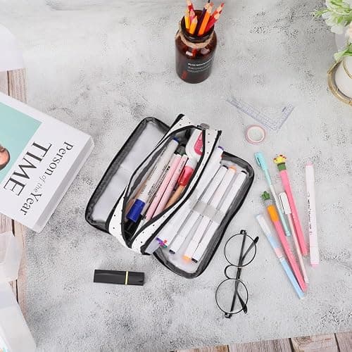 KyeeaDIY Large Pencil Case, Big Capacity Makeup Bag with Zipper for Adults Office Organizer Gifts (Black Spot) thumbnail 6