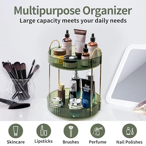 Asayuee 360 Rotating Makeup Organizer for Vanity,2 Tier Large Capacity Skincare Organizers,Bathroom Counter Organizer, Spinning Perfume Organizer & Vanity Organizer (Green-2 Tier) thumbnail 7