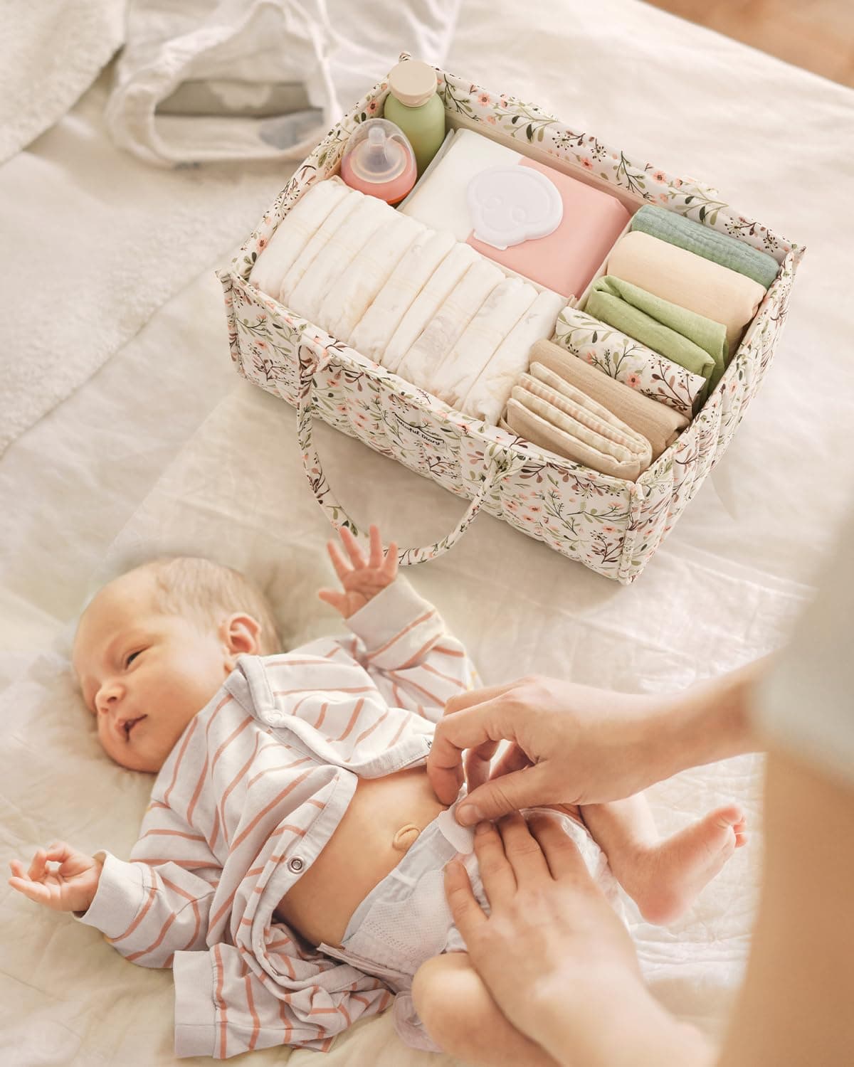 Blissful Diary Baby Nappy Caddy Organiser, Stylish Baby Diaper Caddy Storage Basket for Newborn Essentials and Diaper Station, Pastoral Daisy thumbnail 6
