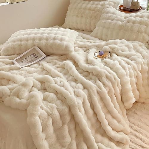 DREAMLANDING Couverture en fausse fourrure de lapin de luxe en peluche sherpa jetable réversible, chaude et douce en fourrure pelucheuse pour lit, canapé, sofa, décoration de la maison (crème, 100 x thumbnail 2