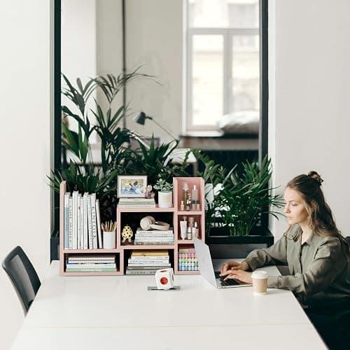 NUTIKAS Desk Shelves Desktop Orgnizer Shlef - Pink Office Organization for Top of Desk Organizers and Accessories Corner Bookshelf Table Top Shelving Small Hutch Decorations for Office thumbnail 9