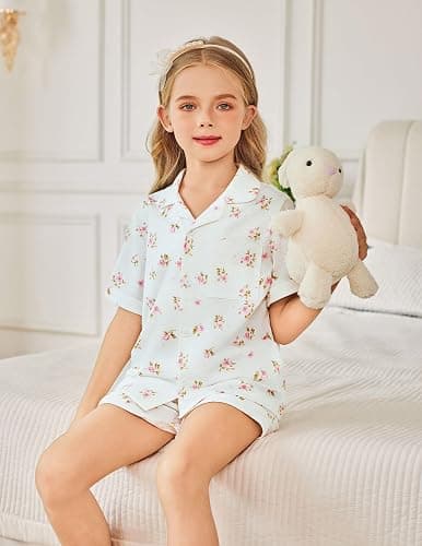Arshiner Girls Pajamas Sets Short Sleeve Kids Pjs Button Down Sleepwear for 4-13Y thumbnail 9