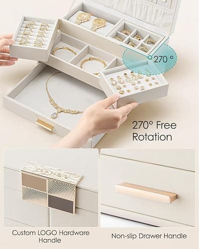 Vlando 3 Layer Jewelry Box - Women Jewelry Box with Retractable Tray - Jewelry Organizers with Drawer for Necklaces, Rings, Bracelets, Earrings, Gift for Couples Mom Girls - Could White thumbnail 5