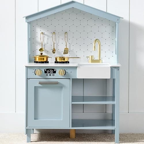 Best Choice Products Pretend Play Wooden Farmhouse Kitchen Set for Kids w/Toy Storage, Clicking Knobs, Windows, 5 Accessories Included - Ocean - Image 1