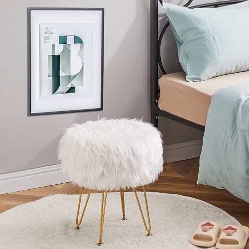 Mxfurhawa Faux Fur Storage Ottoman Round Furry Vanity Stool Marble Grain Tray Coffee Table Compact Footrest with 4 Metal Legs Soft Makeup Seat Foot Stool for Living Room Bedroom Entryway White thumbnail 7