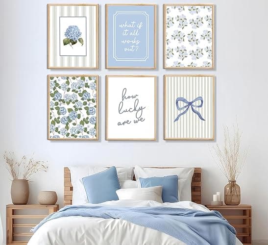 6 Pcs Blue Hydrangea Bow Canvas Wall Art How Lucky Are We Poster Prints Trendy Striped Coquette Paintings Pictures Sage Green Coastal Preppy Aesthetic Wall Decor for Girl Room Bedroom Living Room Office Dorm Apartment 8x10 Inch Unframed thumbnail 7
