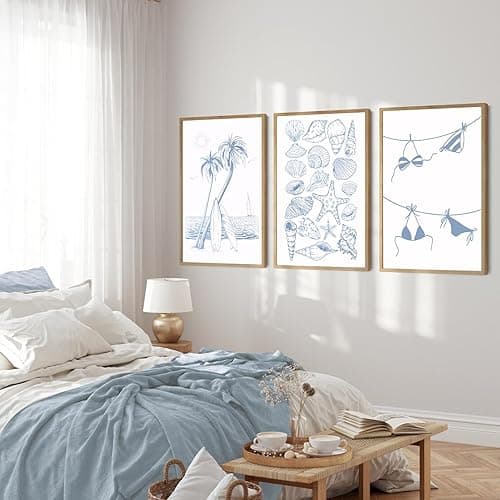 Trendy Coastal Wall Art Set of 3 Blue Seashell Bikini Coquette Posters Prints Coastal Granddaughter Beach House Preppy Aesthetic Wall Decor Pictures for Girly Bedroom Dorm Apartment Unframed 12x16in - Coastal - 16L" x 12W"poster thumbnail 3