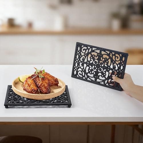 Notakia 9.6 x 6.3 Inch Cast Iron Trivet Set, Large Metal Trivets for Hot Dishes Pots Pans Decorative Kitchen Trivets, Heat-Resistant Trivet Mats for Quartz Countertops, Table Cooktop (Black, 2 Pack) thumbnail 9