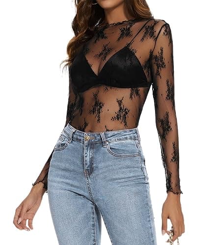 Womens Lace Mesh Long Sleeve Top Floral Sheer See Through Sexy Tops Mock Neck Shirts Party Club Night Blouses thumbnail 4