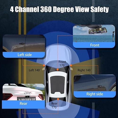 360 Degree View 4 Channel Mirror Dash Cam Detached Camera for Cars，Dash Cam Front and Rear Side(Left,Right),12'' Rear View Mirror Camera1080Px4,WiFi,Night Vision,GPS,Parking Monitor,Free 128GB Card thumbnail 3