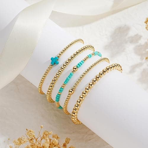 Turandoss 5PCS Gold Beaded Bracelets for Women Teen Girls, 14K Gold Plated | Gold Beaded Bracelet Stack, Dainty Turquoise Cross Pearl Round Ball Bracelet Set, Women Teenage Girls Birthday Gifts Jewelry thumbnail 6