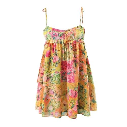 Women Bow Lacing Up Dress Holiday Ruched Chest Print Spaghetti Strap Mini Dress - Image 1