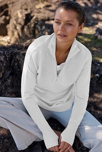 ANRABESS Womens Long Sleeve Quarter Zip Pullover Sweater Casual Loose V Neck Collared Ribbed Knit Jumper Tops Thumb Hole thumbnail 6