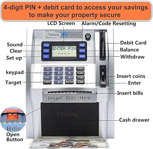 Fishboy ATM Piggy Bank for Kids with Power-Off Memory and Debit Card for Real Money, Onekey Shutdown, Coin Recognition, Target Setting, Bill Feeder, Balance Calculator, Savings Machine Box thumbnail 4