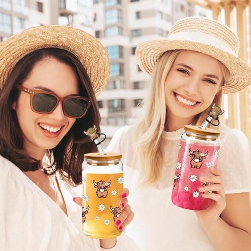 Nymora Highland Cow Glass Cup with Lid and Straw, 16oz Cute Tumbler for Iced Coffee, Cocktails, and Drinks, Highland Cow Gift for Women and Girls (B) thumbnail 7