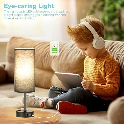 Fenmzee Black Bedroom Lamp for Nightstand - 3 Way Dimmable Bedside Lamp USB C A Charging Ports and AC Outlet, Small Table Lamp Black Base for Living Room, Office Desk, LED Bulb Included thumbnail 4