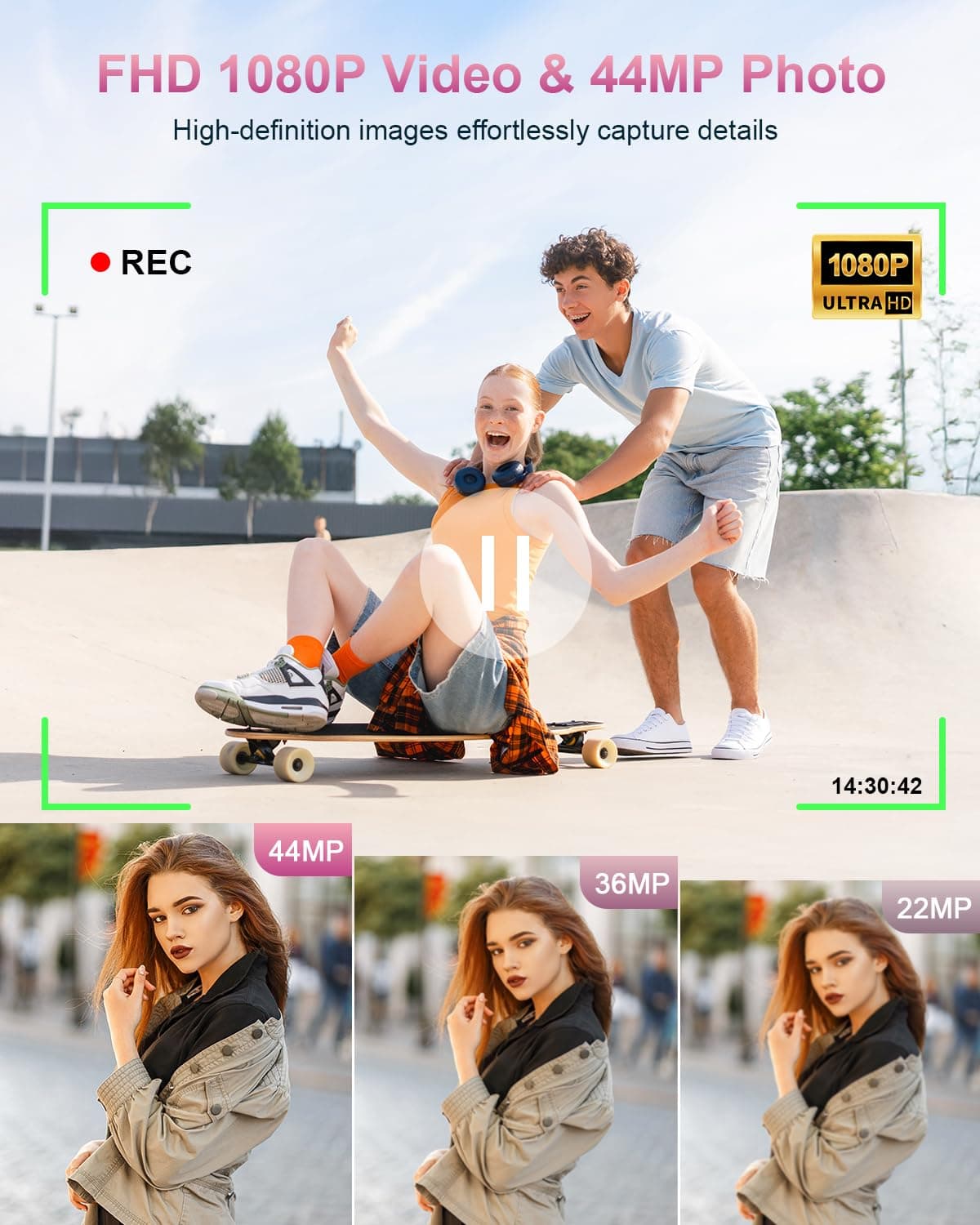 Digital Camera, Camkory FHD 1080P Point and Shoot Digital Camera 44MP Kids Camera 16X Digital Zoom, Anti Shake Small Travel Camera with 32GB SD Card, Two Batteries (Light Pink) thumbnail 2