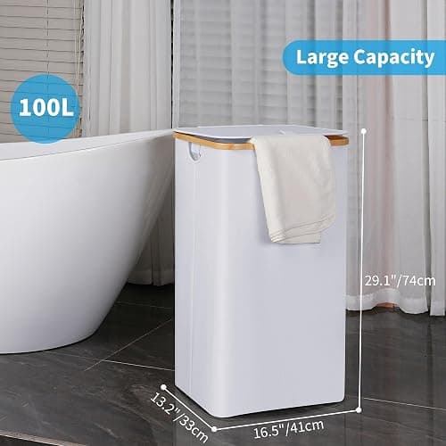 efluky Laundry Hamper with Lid, 100L Tall Laundry Basket with Bamboo Handles for Clothes and Toys, Collapsible Laundry Hamper with Inner Bag for Bedroom and Bathroom, White thumbnail 3