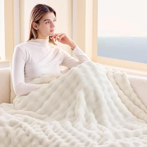 NEWCOSPLAY Throw Blanket For Couch Ivory Super Soft Flannel Fleece 3D Bubble Lightweight Bed Blanket All Season Use, 130x150 cm thumbnail 3
