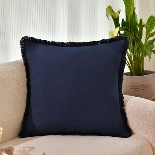ZWJD Pillow Covers 18x18 Set of 2 Navy Throw Pillow Covers with Fringe Chic Cotton Decorative Pillows Square Cushion Covers for Sofa Couch Bed Living Room Farmhouse Boho Decor thumbnail 2