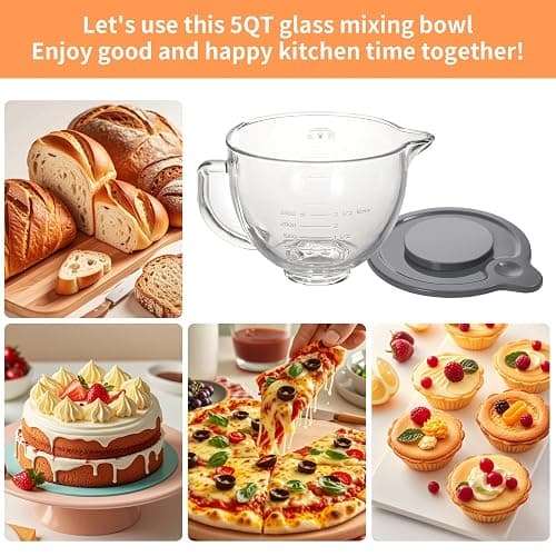 5QT Glass Bowl Compatible with KitchenAid 4.5 and 5-Quart Tilt Stand Mixers,Glass Mixing Bowl with Lid, Measurement Markers and Handle thumbnail 7