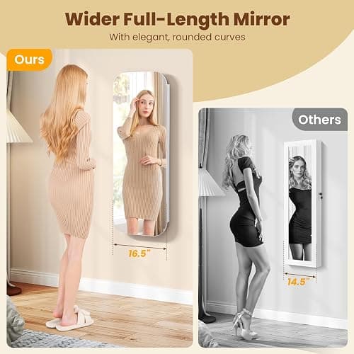 GOFLAME Rounded Mirror Jewelry Cabinet, Wall Mounted Over the Door Jewelry Armoire Organizer, 16.5" x 42.5" Wide Full Length Mirror with Storage, Built-in LED Makeup Mirror, Modern, Lockable, White thumbnail 5
