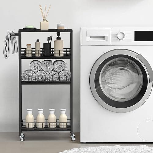 Slim Storage Cart 4 Tier Rolling Kitchen Cart Utility Serving Cart Laundry Room Narrow Cart with Handle Mobile Sheving Unit Organizer Wood Rolling Storage Cart for Bathroom Small Spaces, Modern Black thumbnail 6