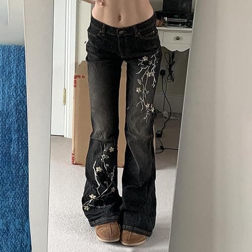 Women Bell Bottom Jeans Stretchy Flare Mid Rise Embroidery Vintage Denim Pants 90s Outfits Y2k Clothes thumbnail 2