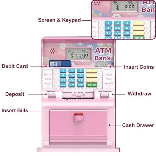 ATM Piggy Bank for Kids, Kids Bank for Real Money with Debit Card, Coin Recognition, Target Setting, Bill Feeder, Balance Calculator, Savings Machine Box, Gifts for Teen Boys Girls thumbnail 7