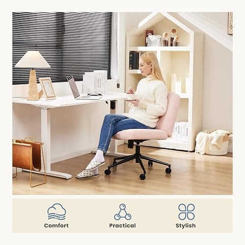 DUMOS Criss Cross Chair with Wheels, Legged Office Armless Wide Desk Seat with Dual-Purpose Base, Adjustable Swivel Teddy Fabric Task Vanity Home Bedroom, Pink - Pink - With Wheels thumbnail 7