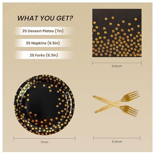 75PCS Paper Plates and Napkins Set - Black and Gold Dot Disposable Party Dinnerware Includes Paper Plates, Napkins, Forks Decorations for 2025 Graduations, Birthdays and Weddings, Serves 25 - 7inch - Black Gold Dot thumbnail 3