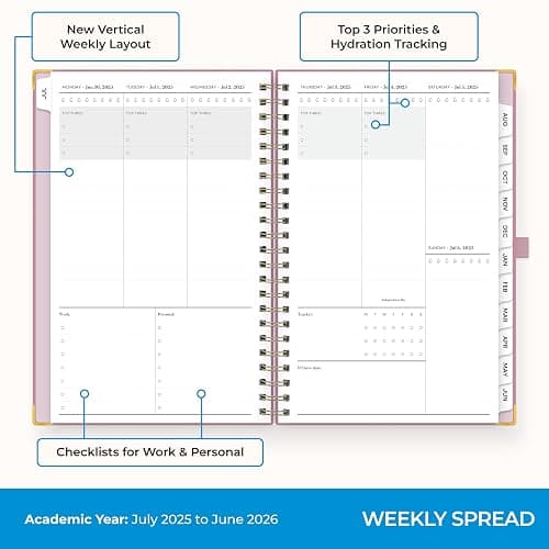 Blue Sky 2025-2026 Weekly and Monthly Academic Year Planner Calendar, July 2025 - June 2026, 5" x 8", Faux Leather Cover, Wirebound, Storage Pocket, Laminated Tabs, Imperial Rose thumbnail 3