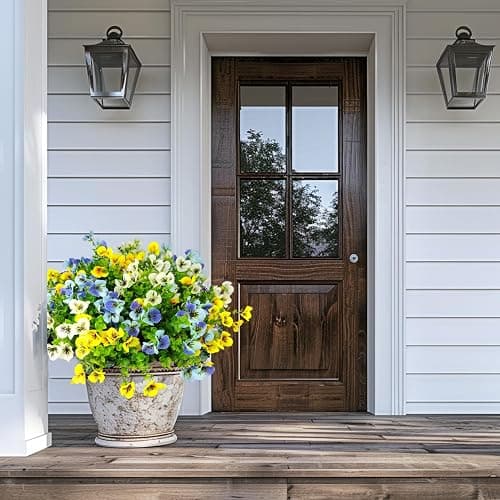 Mutcolor Pansies Artificial Flowers for Outdoors 12 Bundles Fake Silk Pansy Faux Plastic Plants UV Resistant for Home Outside Garden Planter Front Door Porch Yard Patio Decor (Blueyellowwhite) thumbnail 2
