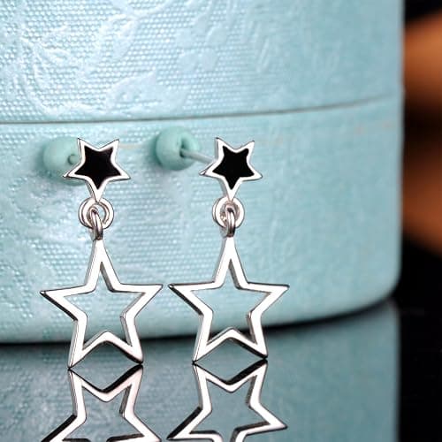 Yumilok 925 Sterling Silber Schwarz Epoxy Doppel Sterne Ohrstecker Ohrhänger Ohrringe Hypoallergen Ohrschmuck für Damen Mädchen thumbnail 2
