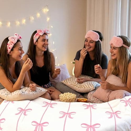 WAYASDCU 30 Pcs Sleepover Party Supplies for Girls, 6 Style Cute Pink Bow Blanket 6 Hair Clips 6 Hair Ties 6 Plush Pink Eye Mask Cover 6 Coral Fleece Spa Headband for Slumber Party Supplies for Girls thumbnail 7