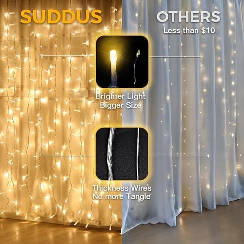 suddus Curtain Lights for Bedroom, 200 Led Hanging String Light Outdoor, Fairy Curtain Lights Indoor for Christmas, Dorm, Wall, Backdrop, Window, Wedding, Party, Birthday Decor, Warm White thumbnail 6