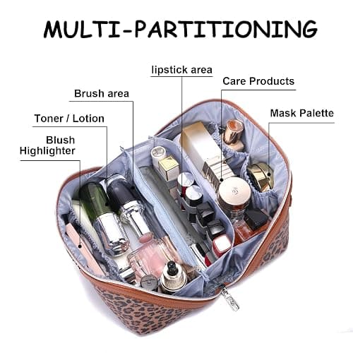 BOYATU Travel Makeup Bag for Women: 3 Pcs Set Portable Make up Bags with Handle - Leopard Print Cosmetic Bags with Comparments - Waterproof Vegan Leather Toiletry Bag (01-A-Brown) thumbnail 3
