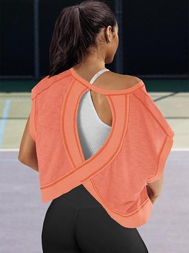 Panadila Womens Open Back Workout Top Oversized Workout T Shirts Backless Athletic Shirt Short Sleeve Baby Tee thumbnail 4