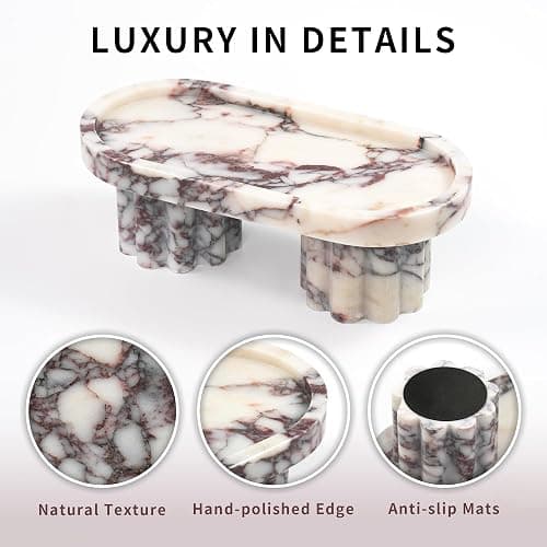 LWALMS Marble Perfume Tray with Legs - Oval Decorative Stone Pedestal for Bathroom Vanity Coffee Table Kitchen Countertop, Footed Jewelry Candle Organizers Catchall Plate Riser with Scalloped Feet thumbnail 3