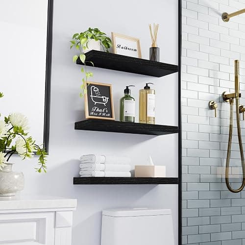 BAYKA Floating Shelves for Wall, Wall Mounted Rustic Wood Shelves for Bathroom, Bedroom, Living Room, Kitchen, Hanging Shelf for Books/Storage/Room Decor with 22lbs Capacity (Black, Set of 3, 15.7in) thumbnail 2