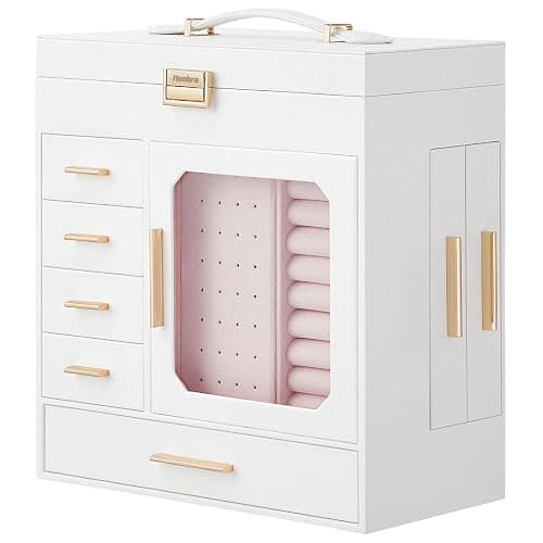 HOOBRO Jewelry Box with Mirror, Jewelry Organizer Box with Capacious Storage Space, Jewelry Holder Organizer, Hand-Held Jewelry Case, Gift for Loved Ones, Modern Style, White and Light Gold WT06JB04G1 thumbnail 8