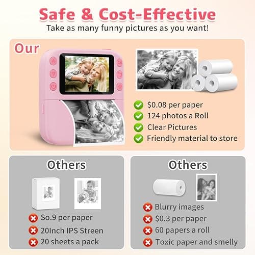 Instant Print Camera for Kids, Christmas Birthday Gifts for Girls Boys, 1080P Instant Digital Print Cameras for Toddler,Portable Toy for 4 5 6 7 8 9 10 Year Old Girl with 32GB SD Card，Pink thumbnail 5