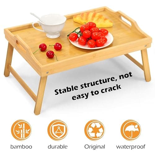 Bamboo Bed Tray Table, Folding Legs and Handles, Breakfast Tray, Laptop Desk for Bed or Sofa, Serving Tray for Eating, Working, Reading,Picnic thumbnail 4